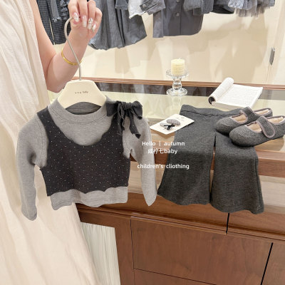 女童波点假两件上衣喇叭裤秋套装