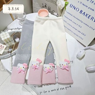 女童冬季加绒保暖打底裤儿童撞色拼接可爱动漫甜美童装KT猫咪裤子