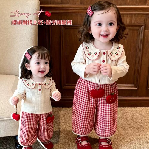 女童春装格子裤T恤两件套洋气