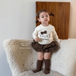 女童秋季套装宝宝洋气可爱KT猫长袖T恤豹纹蛋糕裙屁兜裙裤两件套