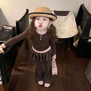 女宝韩版套装2026新款秋季儿童假两件长袖T恤屁帘喇叭裙裤两件套