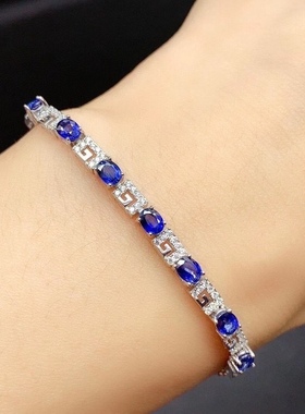 纯银大气回纹豪华风蓝宝石手链