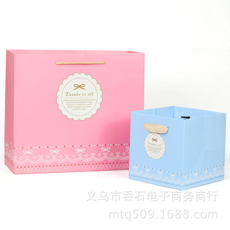 10个装】韩版清新礼品袋宽底蛋糕手拎袋 粉色蓝色纸袋化妆品袋子