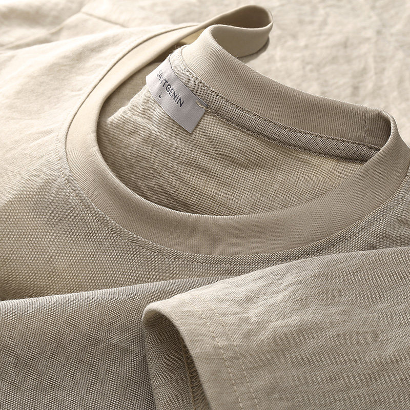 高端夏季轻薄冰感棉麻t恤男短袖修身休闲时尚纯色冰麻纱男士半袖