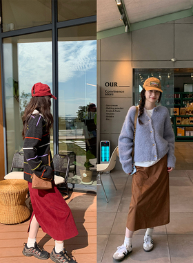 Tetu STUDIO 2024FW 两色分割设计A字开叉半身裙秋冬灯芯绒高腰裙