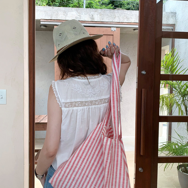 Tetu STUDIO 2025SS 复古红色100%色织条纹亚麻帆布袋