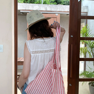 复古红色100%色织条纹亚麻帆布袋 2025SS Tetu STUDIO