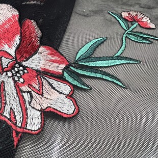 网纱绣花布料  黑底红花刺绣 重工蕾丝旗袍连衣裙面料