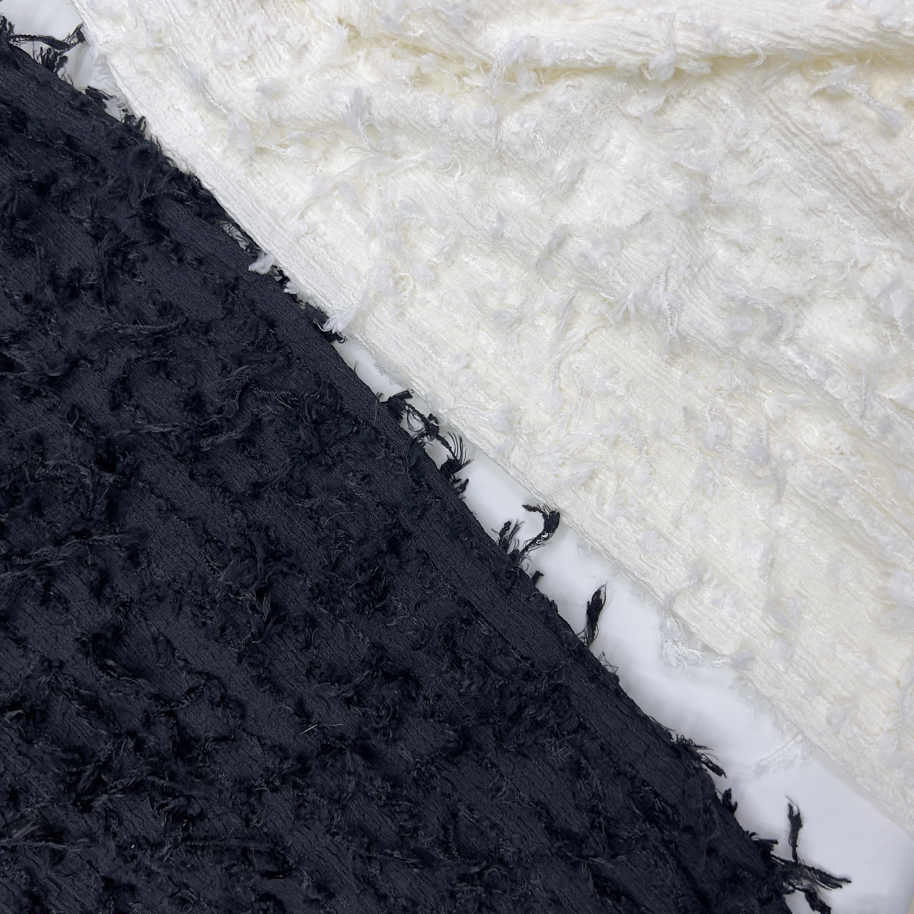 针织刺绣流苏面料弹力肌理立体刺绣毛毛感黑白设计师服装手工布料