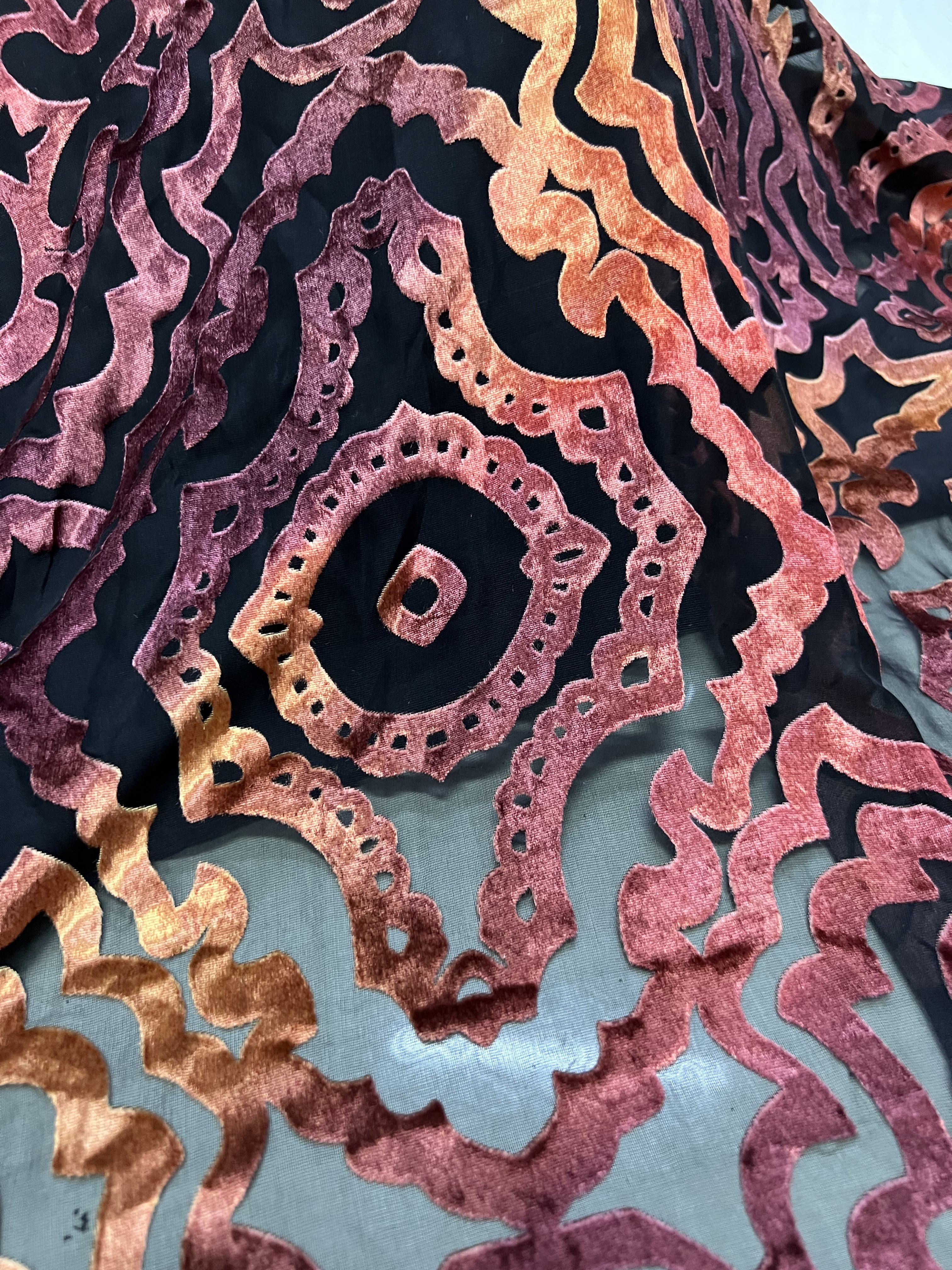 真丝丝绒烂花布料 桑蚕丝透肉金丝绒烧花黑底渐变印花旗袍面料