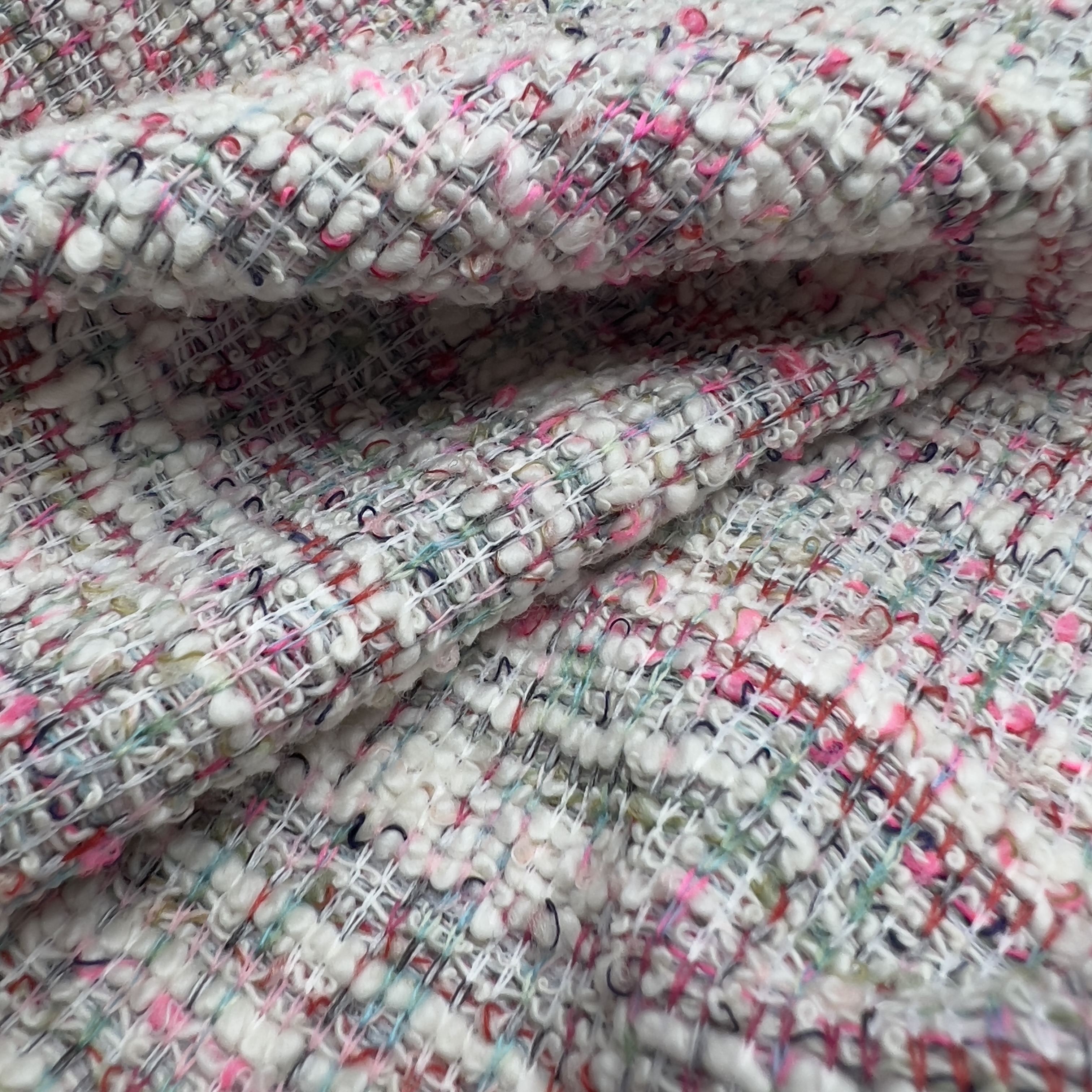 针织小香风布料 弹力粉色系粗纺粗花呢柔软外套服装高档面料