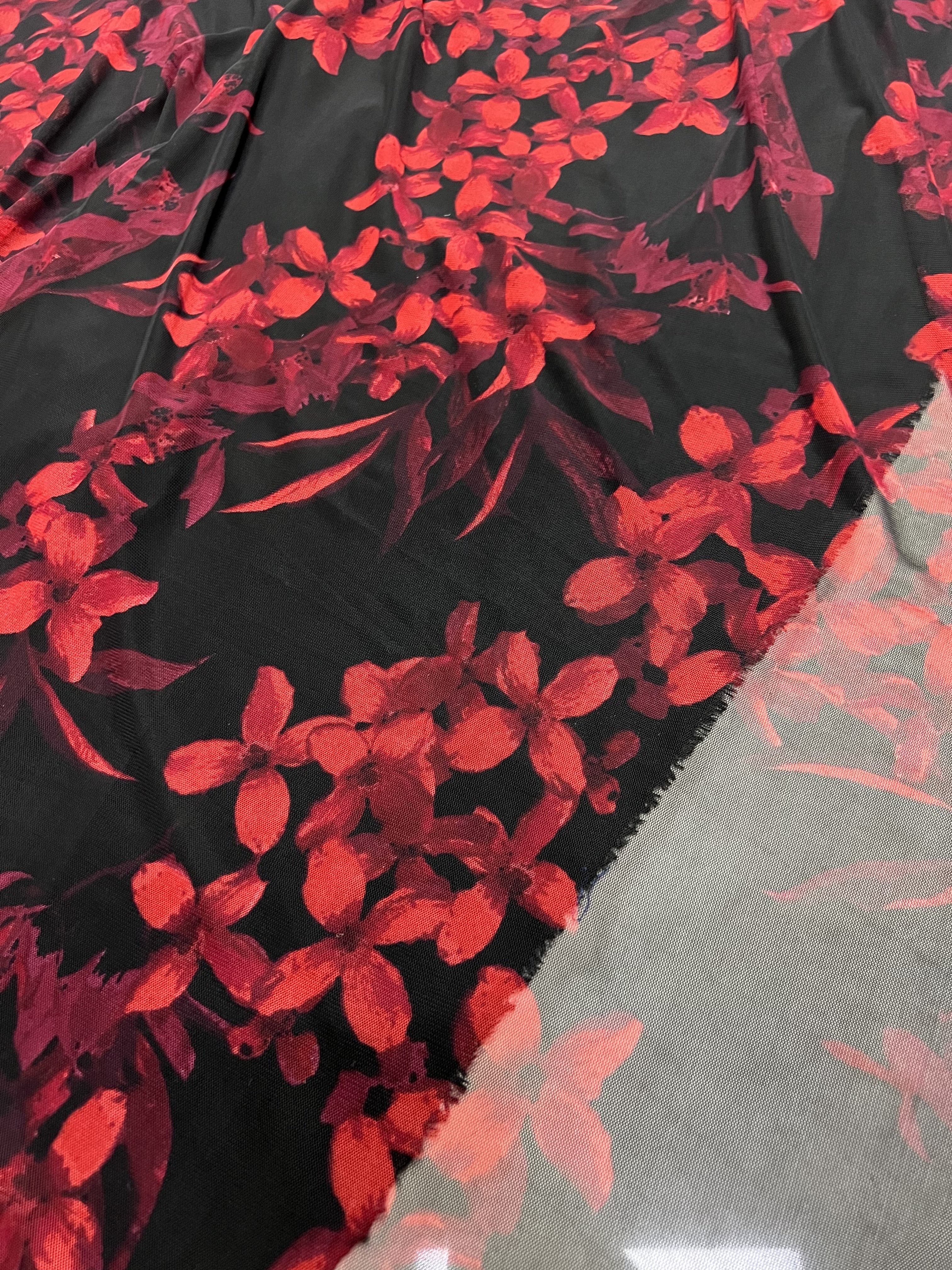 网纱印花布料 四面有弹力黑底红花氨纶网纱透肉打底衫连衣裙面料