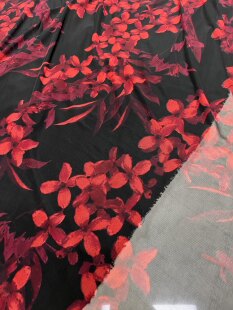 网纱印花布料 四面有弹力黑底红花氨纶网纱透肉打底衫连衣裙面料