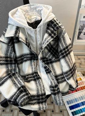 假两件撞色格子毛呢外套男女秋冬季加厚保暖潮牌宽松拉链连帽大衣