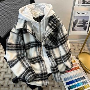 假两件撞色格子毛呢外套男女秋冬季 加厚保暖潮牌宽松拉链连帽大衣