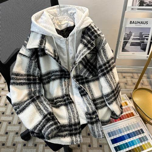 美式复古拼接灰色格子连帽长袖XL