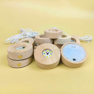 实木发光水晶球led小夜灯底座圆形灯座白光彩光usb插电充电摆件灯