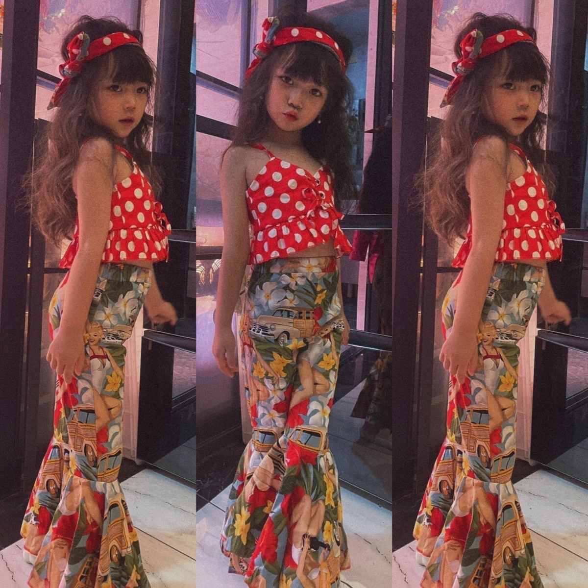 港风复古绑带抹胸走秀爵士舞演出喇叭裤拍照集体活动亲子女童套装