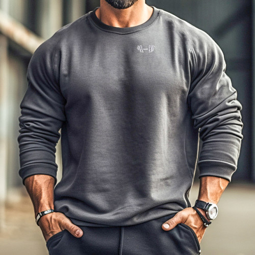 摇粒绒长袖保暖运动健身套头衫哑铃图案户外训练双面加绒宽松外套