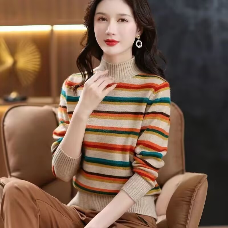 秋冬季经典彩色条纹提花半高领毛衣女时尚高贵软糯加厚打底针织衫