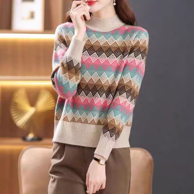 秋冬季彩虹菱形格提花半高领毛衣女时尚洋气高级感针织打底衫上衣,女装/女士精品,毛衣,淘宝优惠券,粉丝福利购,淘宝优惠卷