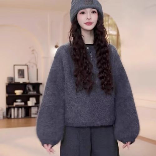 高级灰慵懒风复古拉链毛衣外套女