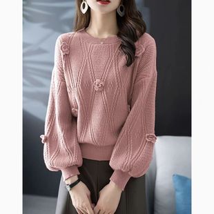 超好看高级感立体花朵灯笼袖毛衣女秋冬小香风韩版宽松针织衫上衣