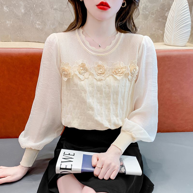 秋装原创设计花朵钉珠雪纺针织衫