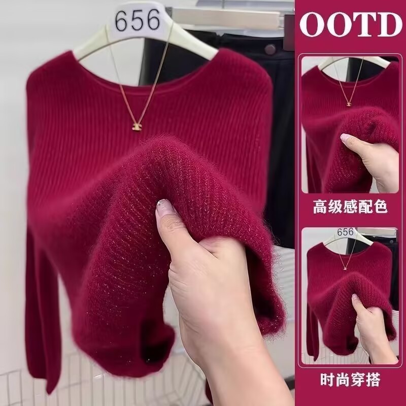 安可拉红高级感时尚穿搭亮丝毛衣