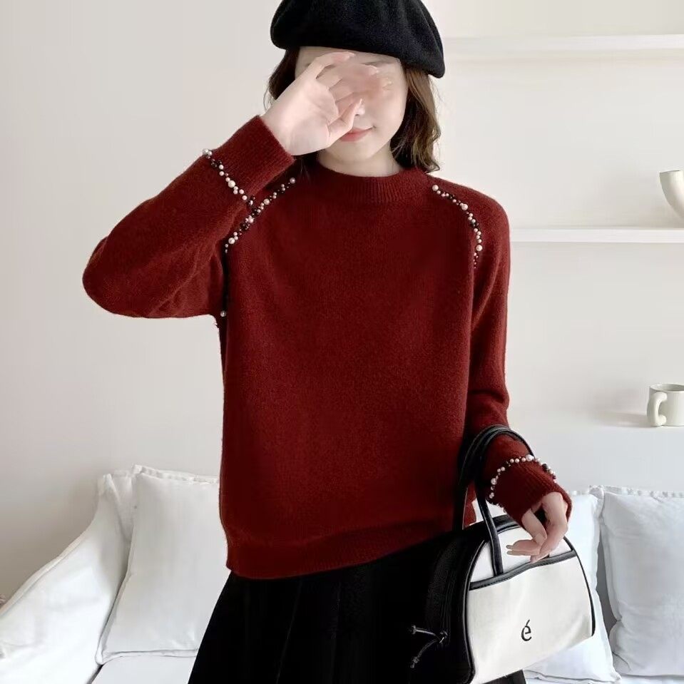 2026秋冬新年红色重工钉珠针织衫