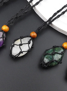 天然石头网兜项链手工可调伸缩水滴形虎眼玛瑙水晶网兜吊坠