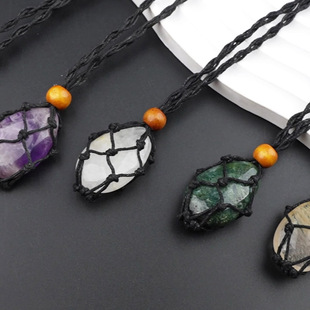 天然石头网兜项链手工可调伸缩水滴形虎眼玛瑙水晶网兜吊坠