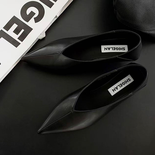 诗歌兰真皮高跟鞋女2026春季新款百搭尖头猫跟一脚蹬通勤浅口单鞋