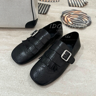 ido方头玛丽珍鞋女2026春季新款真皮流苏皮带扣平底复古浅口单鞋