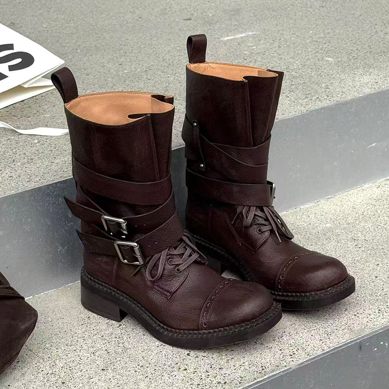 诗歌兰真皮厚底皮带扣中筒骑士靴