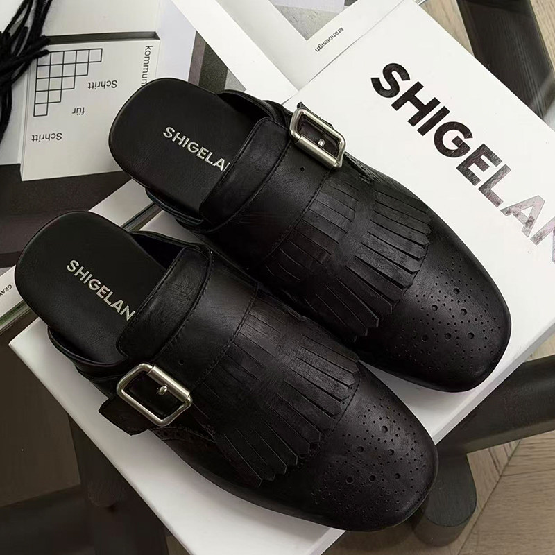 诗歌兰包头半拖女2026春季新款真皮平底流苏皮带扣雕花布洛克单鞋,女鞋,包头拖,淘宝优惠券,粉丝福利购,淘宝优惠卷