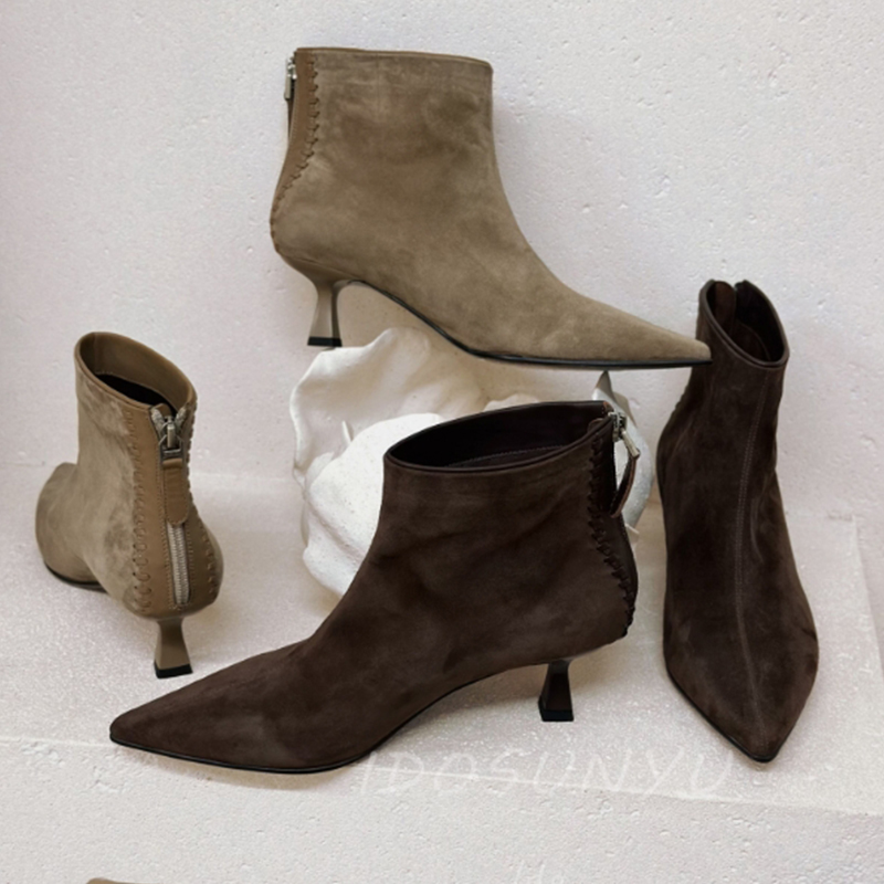 ido欧货加绒尖头细跟短靴