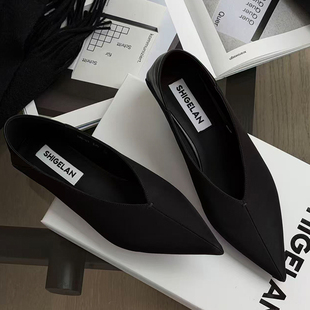 诗歌兰法式高跟鞋女2026春季新款真皮拼布面尖头猫跟通勤浅口单鞋