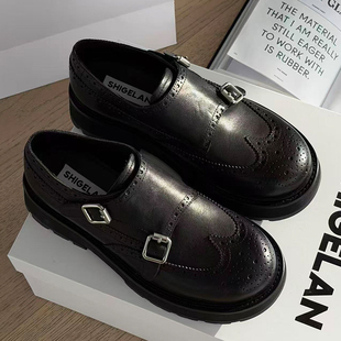 诗歌兰英伦风小皮鞋女2026春季新款真皮厚底雕花皮带扣复古乐福鞋