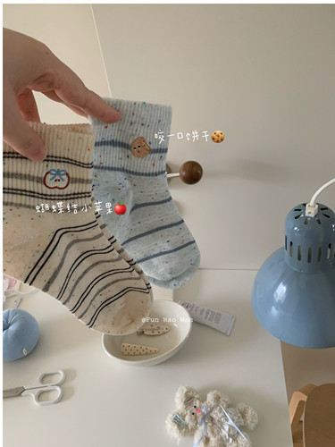 可爱商店｜无骨小短袜 点点纱小饼干图案 防掉筒棉质短筒女袜