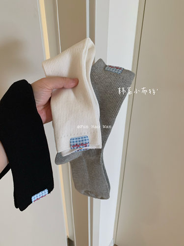 韩系小布标～无骨袜头 耐脏灰系基础厚度棉袜 通勤色堆堆袜女