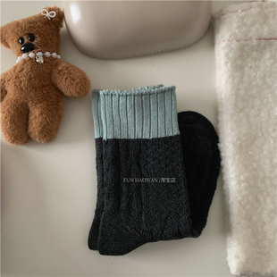 森森软软的秋冬~复古配色羊毛袜 无骨女袜 保暖中筒拼色日杂感袜