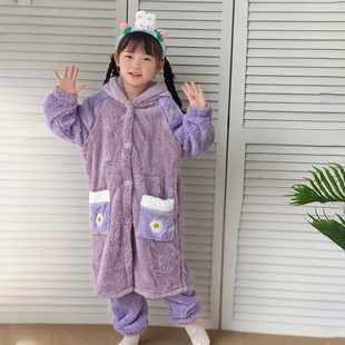 鸭鸭紫珊瑚绒睡袍秋冬季睡衣男童加绒加厚保暖可外穿家居服浴袍