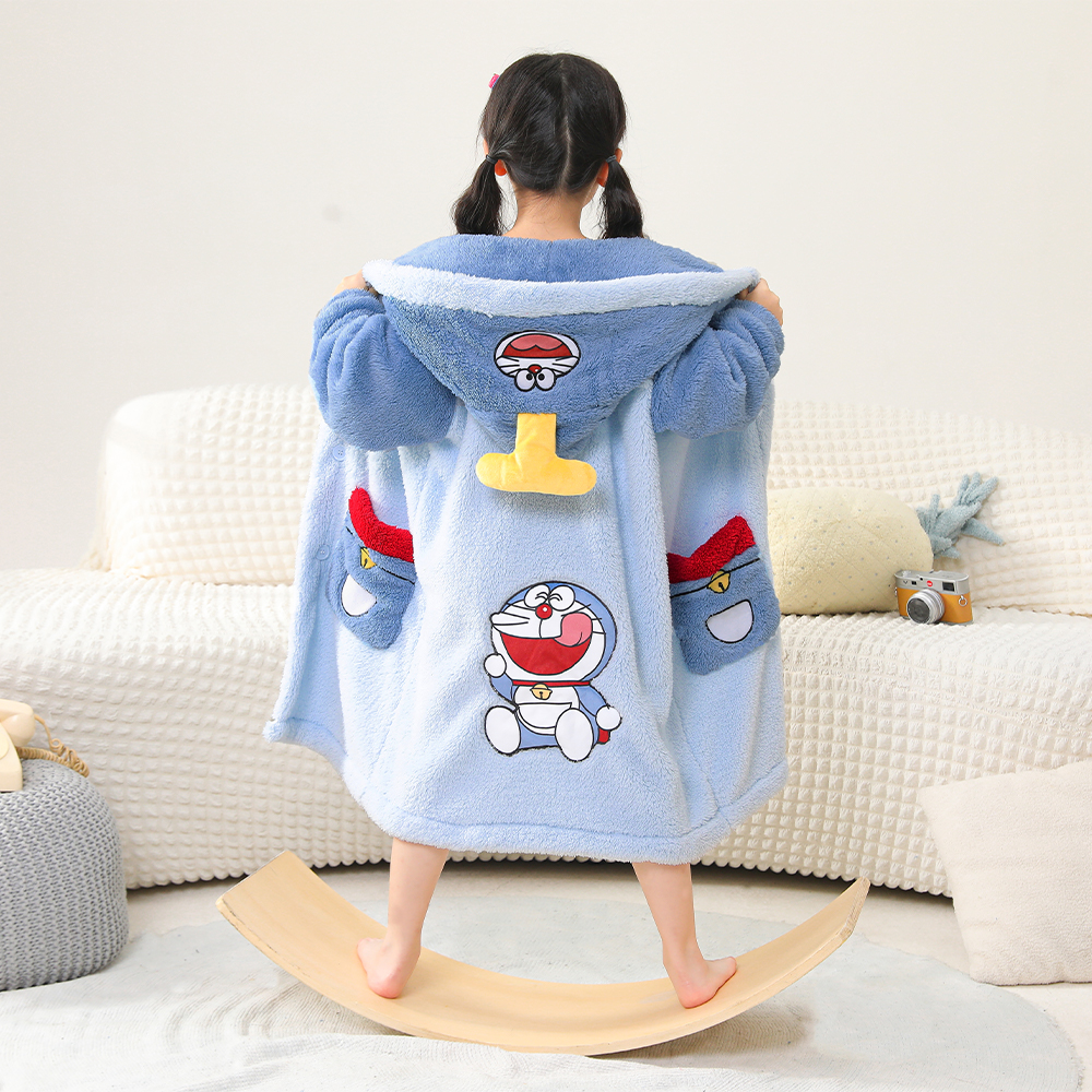 儿童珊瑚绒叮当猫睡袍秋冬季加绒