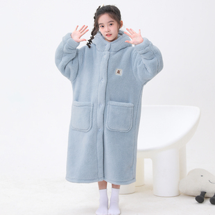 冬季双层加厚女童睡袍珊瑚绒儿童保暖睡衣男童外穿宝宝长款家居服
