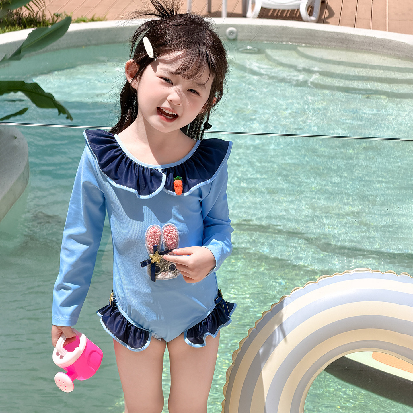 女童泳衣宝宝卡通兔子夏季新款连体长袖游泳衣遮肚显瘦度假泳装