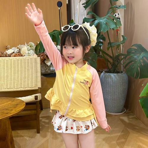 分体长袖拼色印花公主风游泳衣