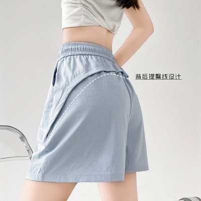 蓝色工装运动短裤女冰丝阔腿