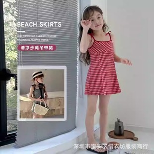 新款 海边度假连衣裙高级感女童初中生小个子夏季 格子系绳吊带裙中