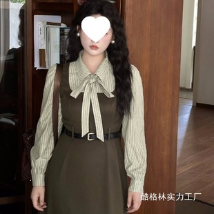 连衣裙腰带微胖绿色森系女假两件长袖 学院风polo领衬衫 收腰遮肚大
